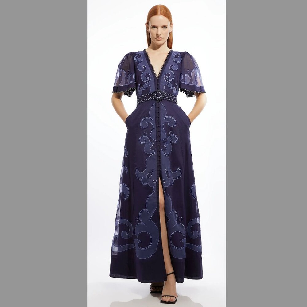 Karen Millen  Baroque Applique Linen Organdie Woven Maxi Dress